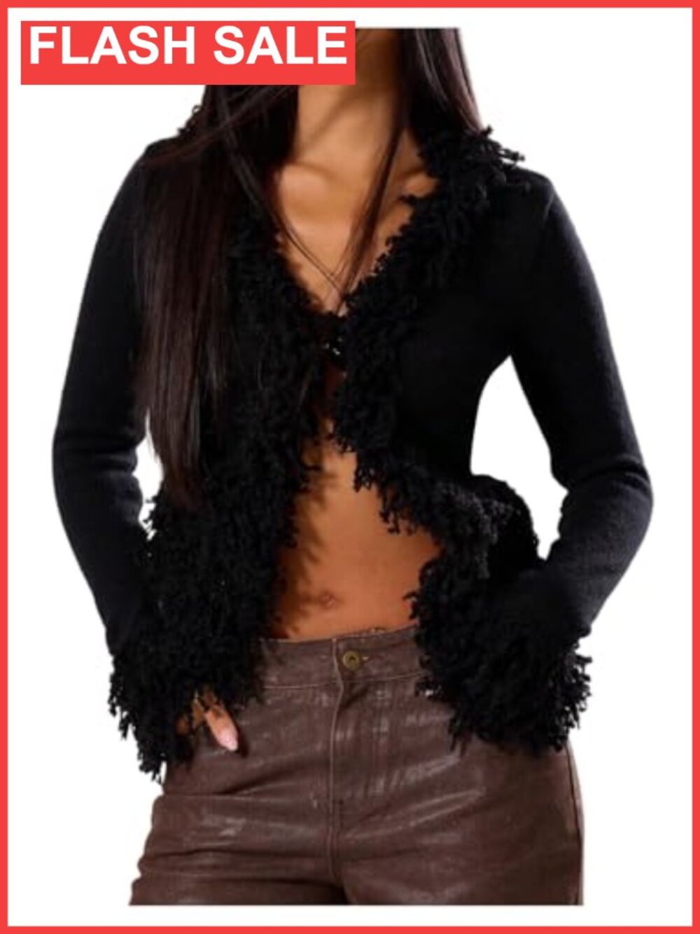 Fuzzy Trim Cardigan Sweater V Neck Long Sleeve Knit Women's